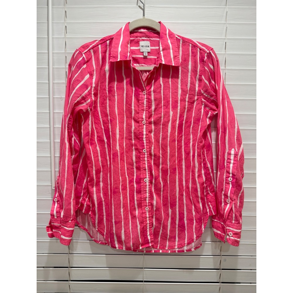 NIC+ZOE Watercolor Stripe Girlfriend Shirt Button Up Womens XS Pink White Cotton